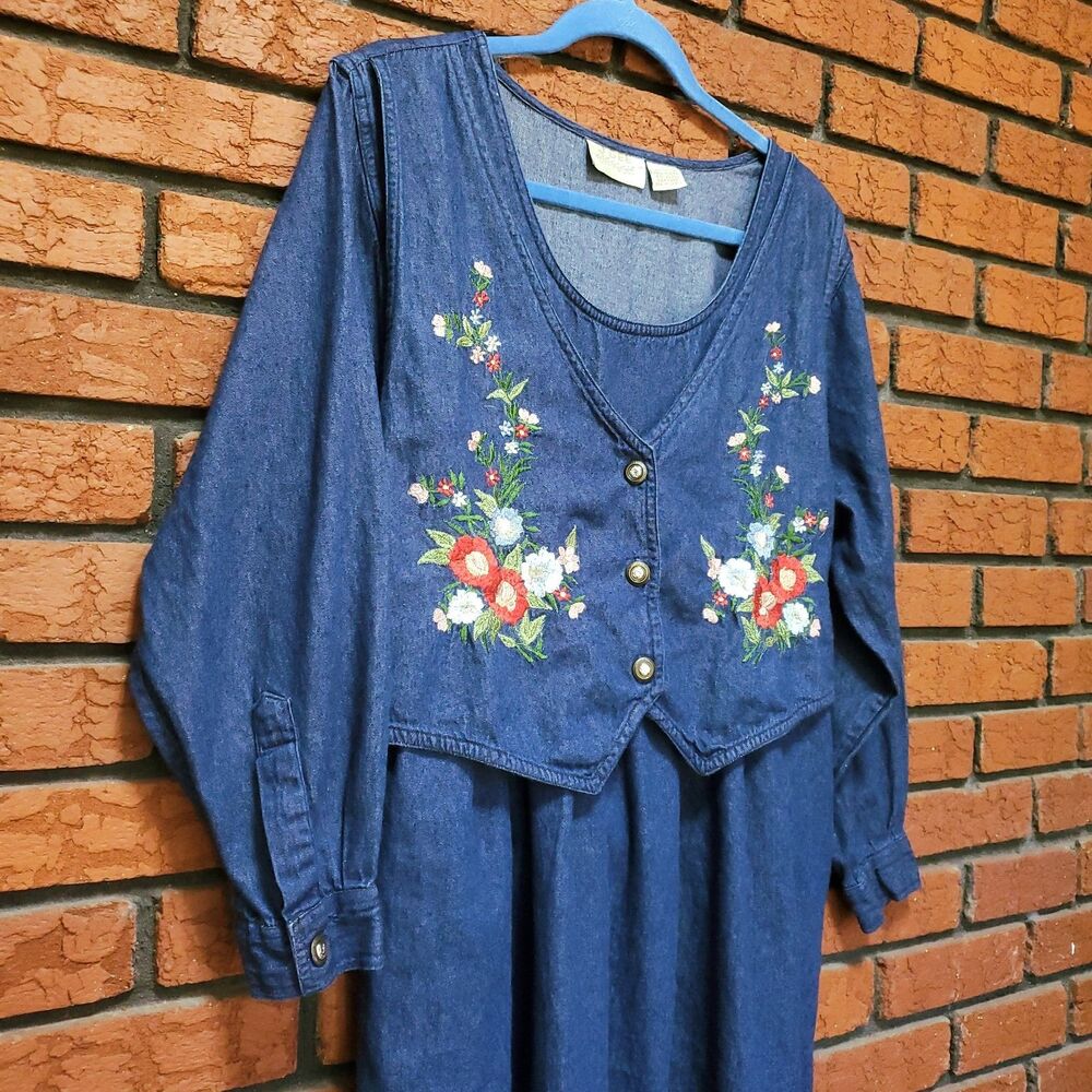 Vintage 90s Denim Dress Size L 48" Floral Embroidered Vest Long Sleeve Cotton